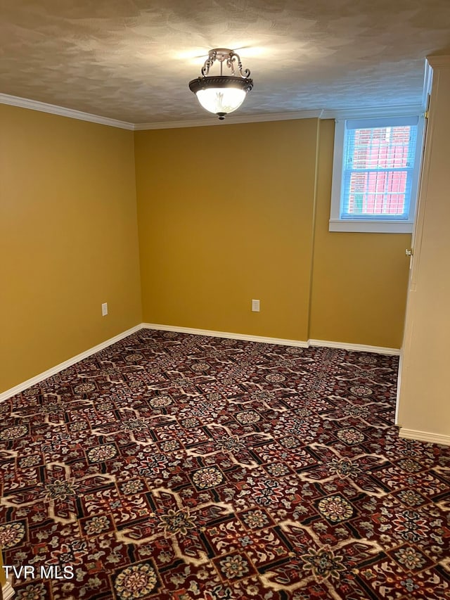 unfurnished room featuring crown molding and a textured ceiling