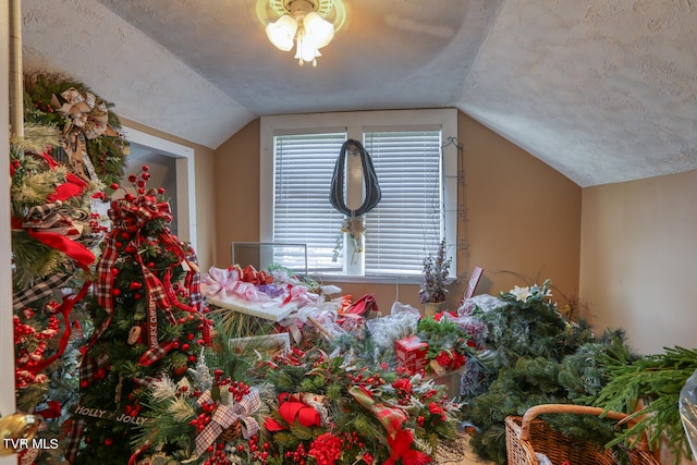 interior space with vaulted ceiling, ceiling fan, and a textured ceiling