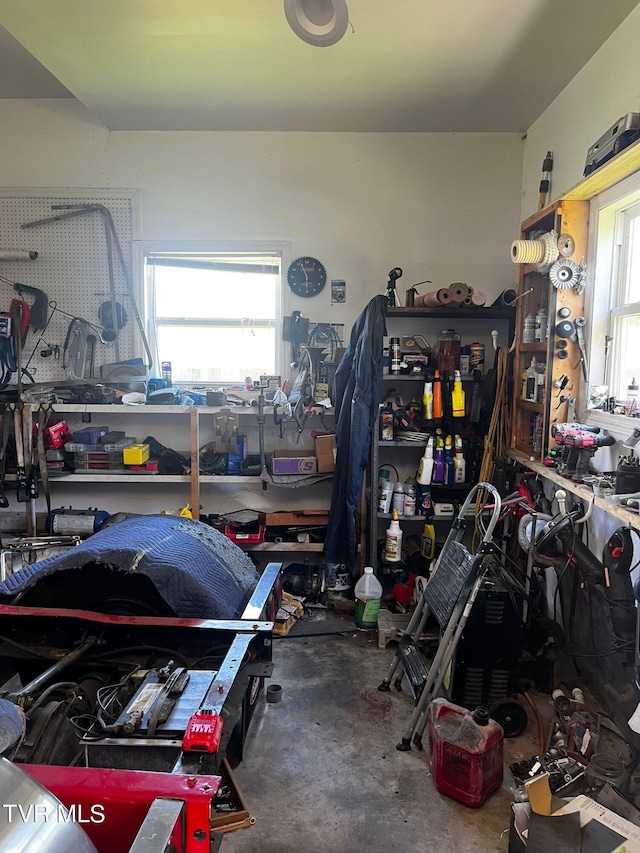 garage featuring a workshop area