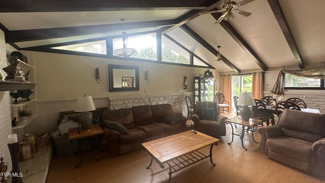 living room featuring beam ceiling, light hardwood / wood-style floors, and ceiling fan