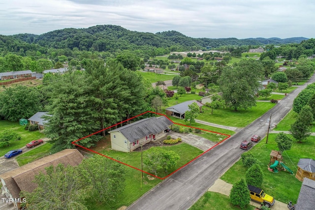 birds eye view of property featuring a mountain view