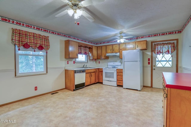 kitchen featuring a wealth of natural light, sink, light colored carpet, and white appliances