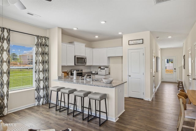 115 Raceday Center Dr Unit E-3, Bristol, TN 37620 - kitchen featuring light stone countertops, stainless steel appliances, white cabinetry, a peninsula, and visible vents