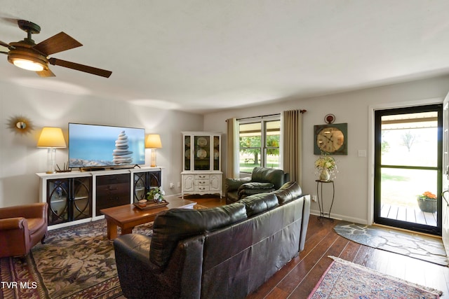 living room with ceiling fan and hardwood / wood-style floors