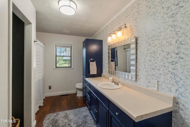 bathroom featuring wood-type flooring, vanity, toilet, and a textured ceiling