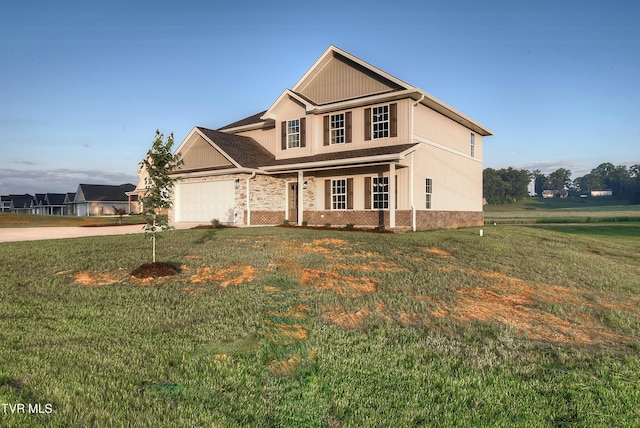 view of front facade featuring covered porch, a garage, and a front lawn