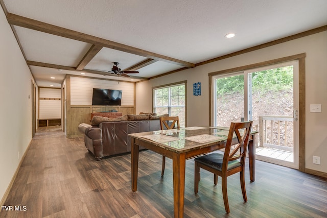 dining area with dark hardwood / wood-style floors, beamed ceiling, ceiling fan, and coffered ceiling