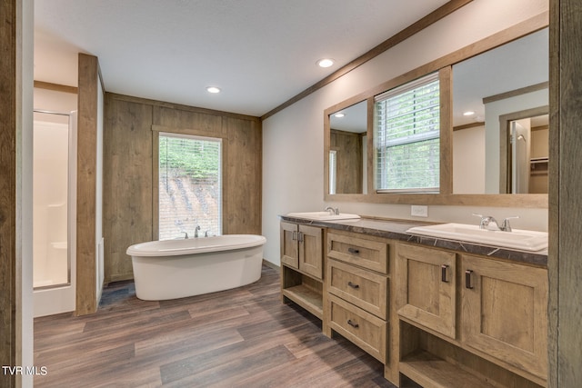 bathroom with hardwood / wood-style floors, plenty of natural light, double sink, and large vanity