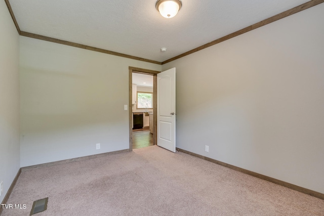 carpeted empty room with ornamental molding and a textured ceiling