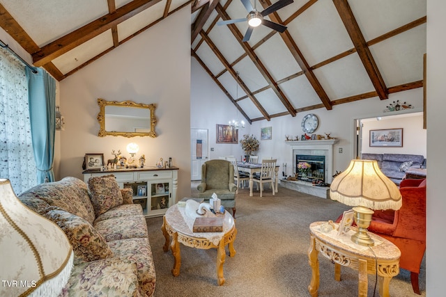 living room with carpet flooring, a fireplace, ceiling fan, high vaulted ceiling, and beamed ceiling