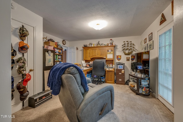 carpeted home office featuring a textured ceiling and plenty of natural light