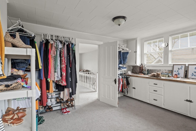 walk in closet with light carpet