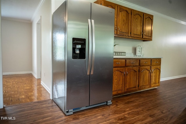 1466 Broad St, Elizabethton, TN 37643 - kitchen featuring baseboards, brown cabinets, stainless steel fridge with ice dispenser, and crown molding