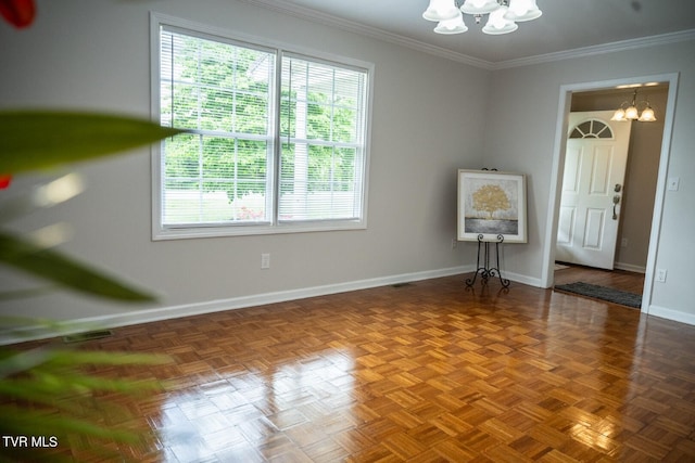 1466 Broad St, Elizabethton, TN 37643 - empty room featuring visible vents, baseboards, a chandelier, and ornamental molding