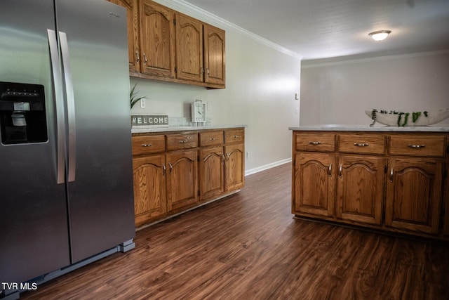 1466 Broad St, Elizabethton, TN 37643 - kitchen with brown cabinetry, ornamental molding, dark wood finished floors, and stainless steel fridge with ice dispenser