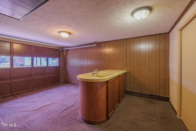 interior space featuring dark colored carpet, sink, and a textured ceiling