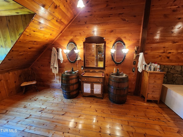 interior space featuring wood walls, lofted ceiling, hardwood / wood-style floors, and wooden ceiling