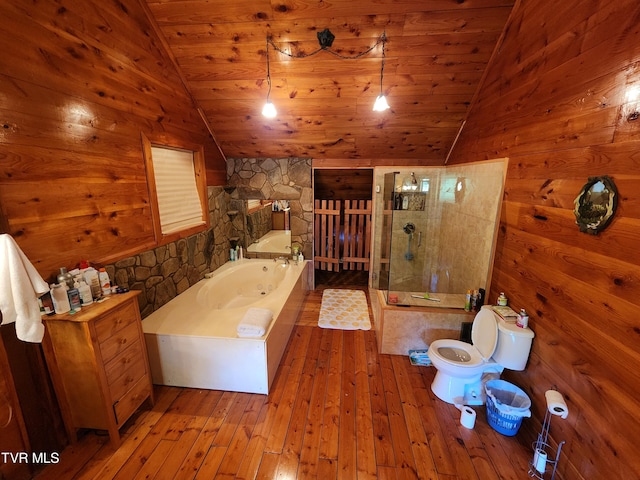 bathroom with wood ceiling, wood-type flooring, plus walk in shower, and vaulted ceiling