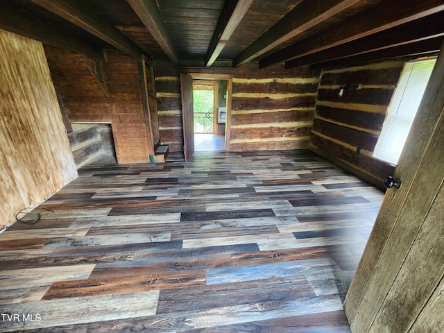 hall with dark hardwood / wood-style floors, beamed ceiling, and wood walls