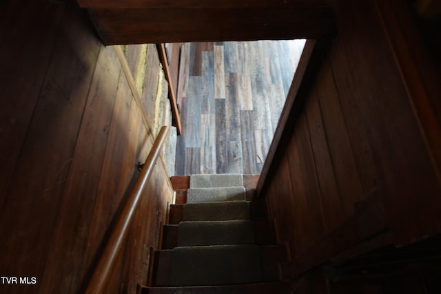 stairway with wood walls