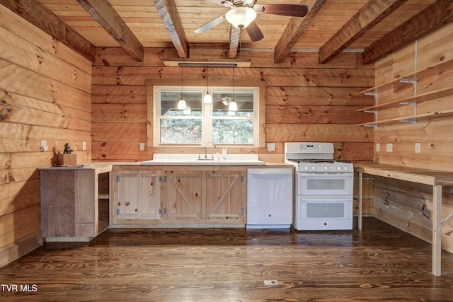 kitchen featuring white appliances, wooden ceiling, dark hardwood / wood-style flooring, and pendant lighting