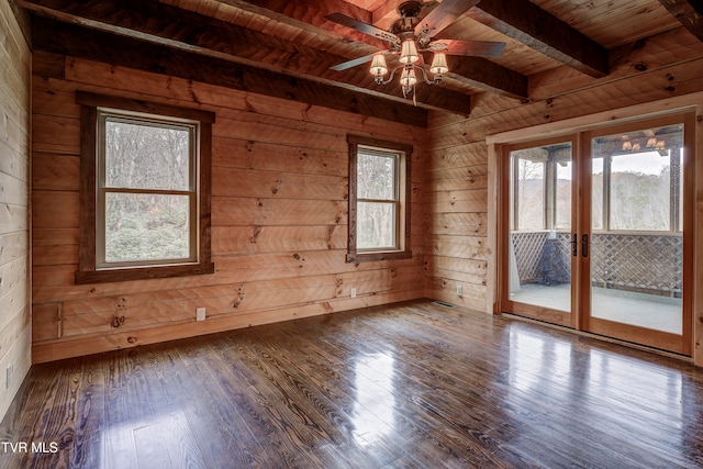 unfurnished room featuring wood ceiling, wooden walls, wood-type flooring, and a wealth of natural light