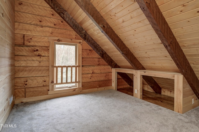 bonus room with wood walls, wooden ceiling, and carpet floors