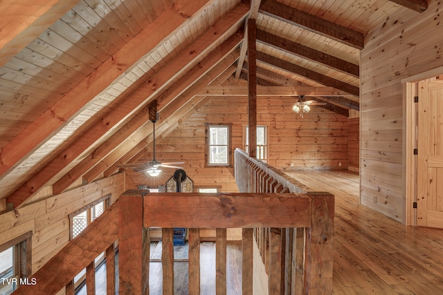 interior space with vaulted ceiling with beams, wooden ceiling, light hardwood / wood-style flooring, and wooden walls