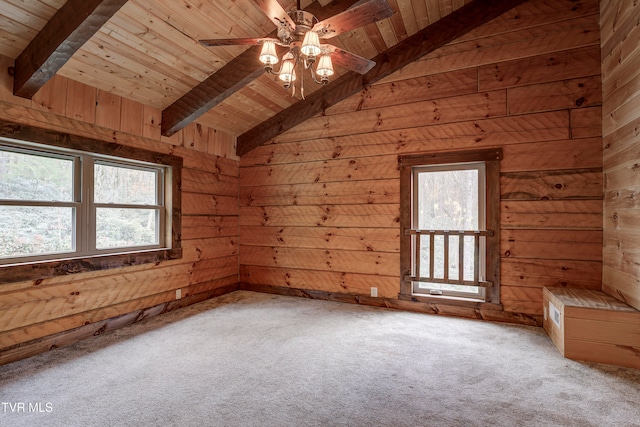 empty room with light carpet, wood ceiling, wood walls, and vaulted ceiling with beams