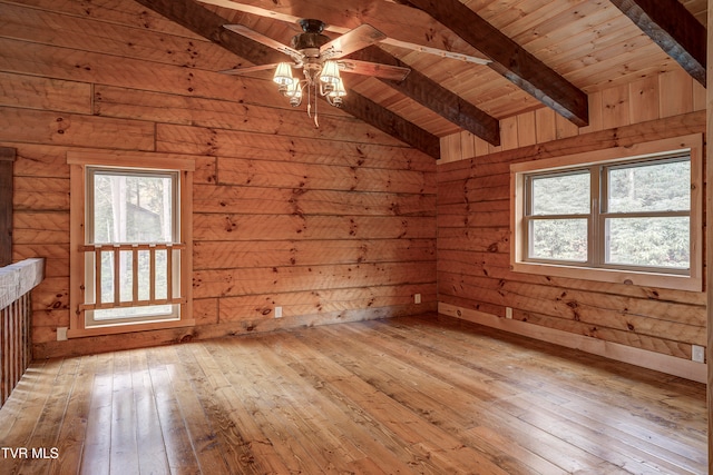 bonus room with wooden walls, lofted ceiling with beams, wood ceiling, and light hardwood / wood-style floors