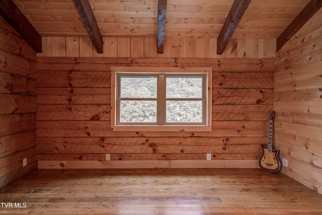 unfurnished room with beamed ceiling, light hardwood / wood-style flooring, and wooden ceiling