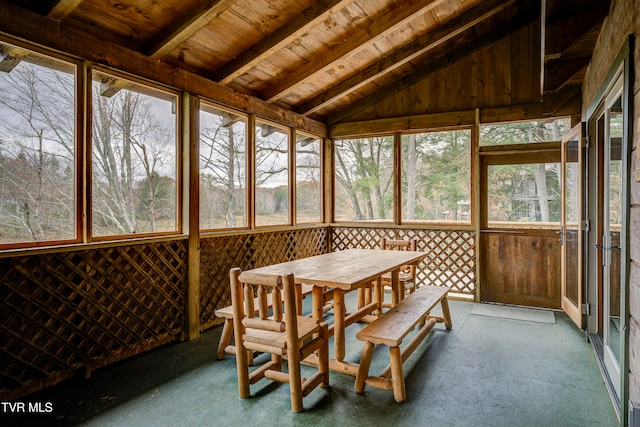 sunroom with vaulted ceiling with beams, wooden ceiling, and plenty of natural light