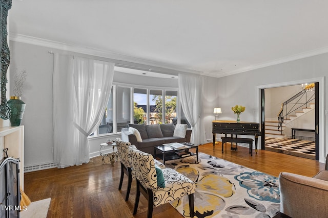 living room with dark hardwood / wood-style floors, crown molding, and a baseboard radiator