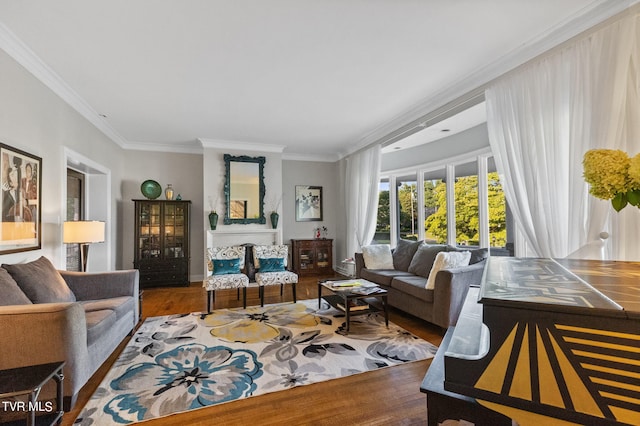 living room featuring crown molding and hardwood / wood-style floors