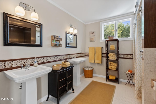 bathroom with tile walls, tile floors, backsplash, and crown molding