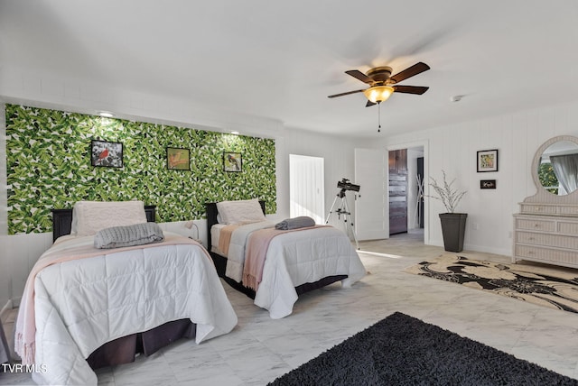 tiled bedroom with ceiling fan