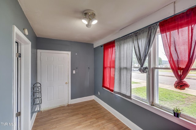 entrance foyer featuring baseboards, wood finished floors, and a healthy amount of sunlight