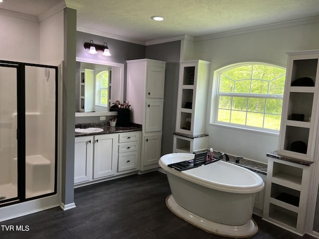 bathroom featuring a wealth of natural light, hardwood / wood-style floors, separate shower and tub, and vanity