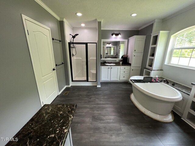 bathroom with hardwood / wood-style flooring, ornamental molding, vanity, a textured ceiling, and plus walk in shower