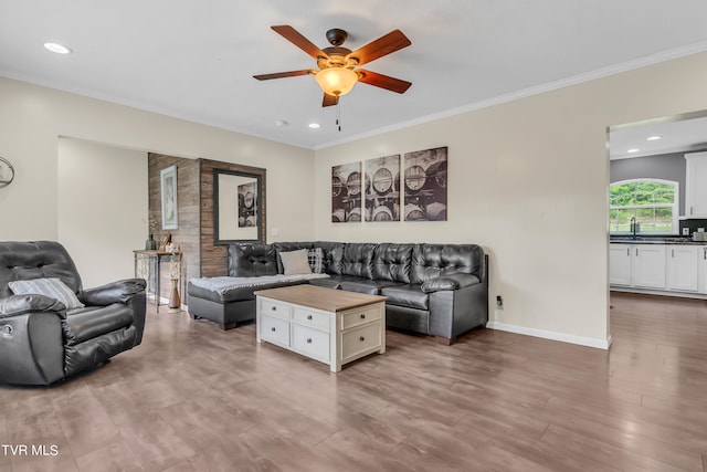 living room featuring ceiling fan, hardwood / wood-style floors, sink, and ornamental molding