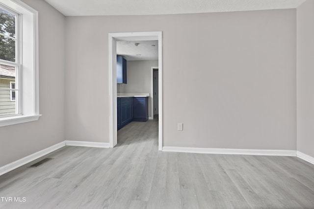 unfurnished room featuring a textured ceiling, a healthy amount of sunlight, and light wood-type flooring