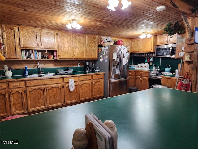 kitchen featuring stainless steel appliances, wooden ceiling, and sink