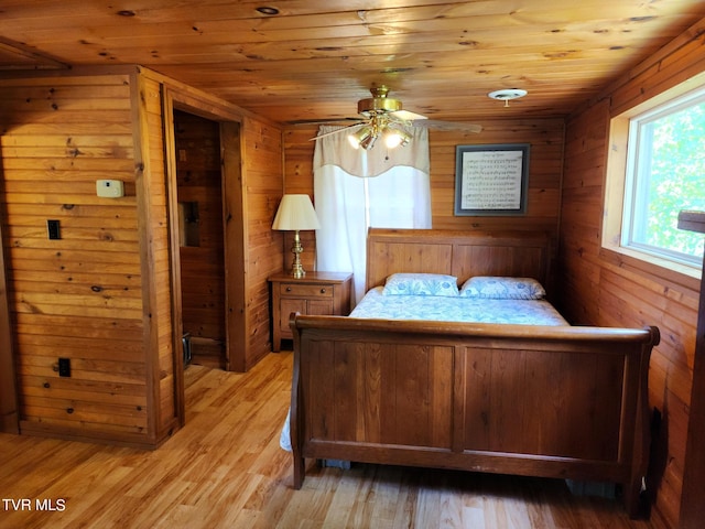 bedroom featuring wooden ceiling, wooden walls, and light hardwood / wood-style floors