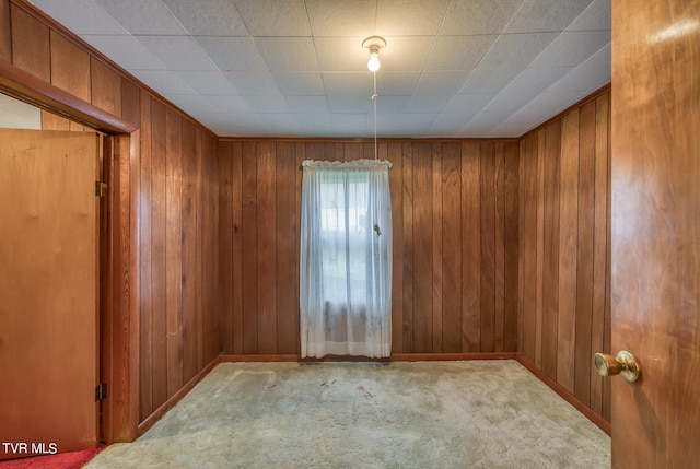 carpeted spare room featuring wood walls