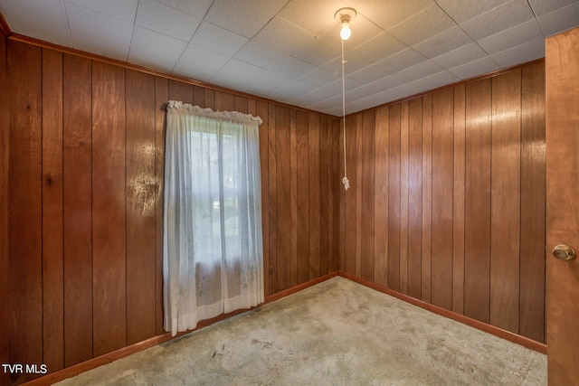 carpeted empty room with wood walls