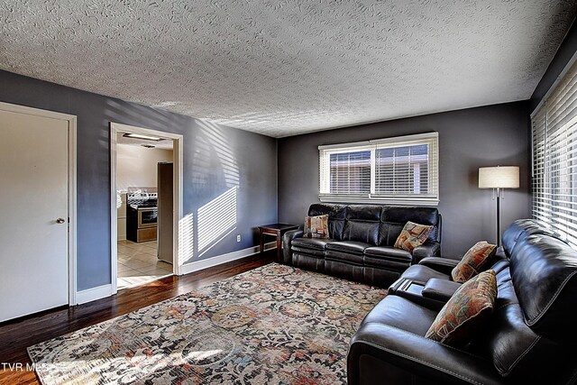 living room featuring a textured ceiling and hardwood / wood-style flooring