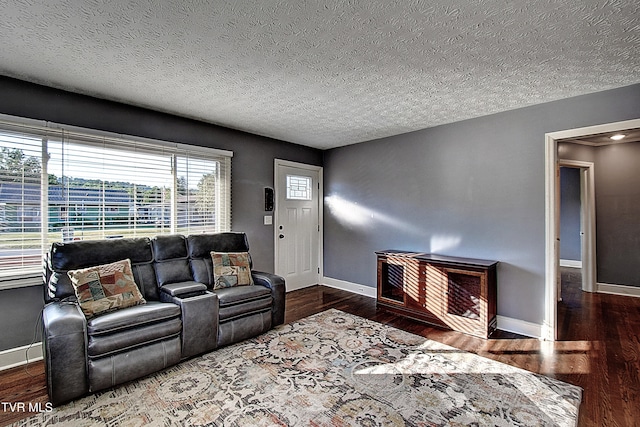 living room featuring hardwood / wood-style flooring and a textured ceiling