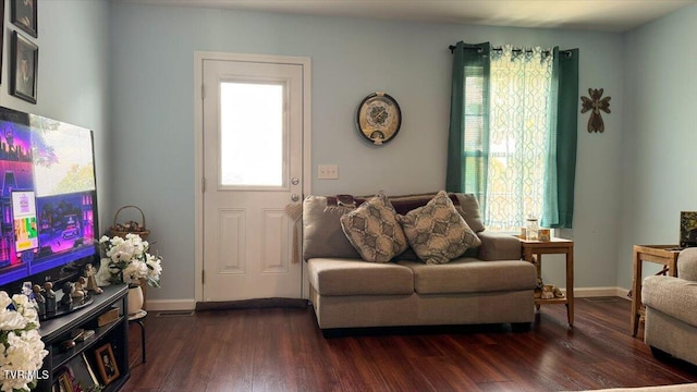 living room with dark hardwood / wood-style flooring