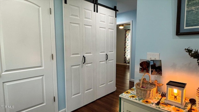 hallway featuring a barn door and dark wood-type flooring