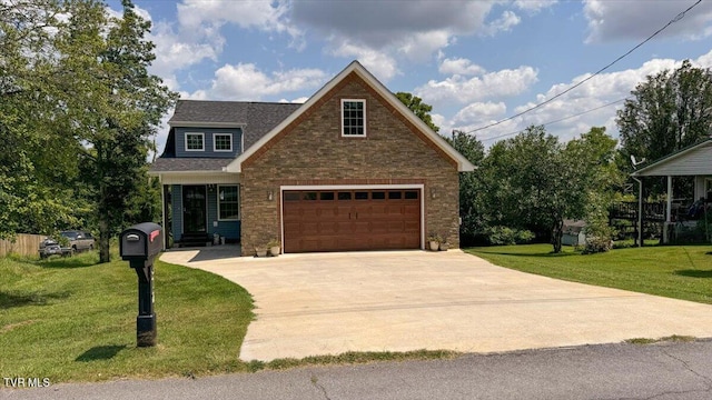 view of front of property featuring a garage and a front lawn